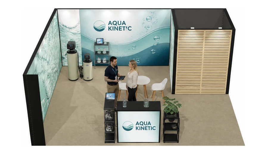 Stoisko 6 × 5 m narożne lewe dla branży technologie wodne, przykładowa marka Aqua Kinetic