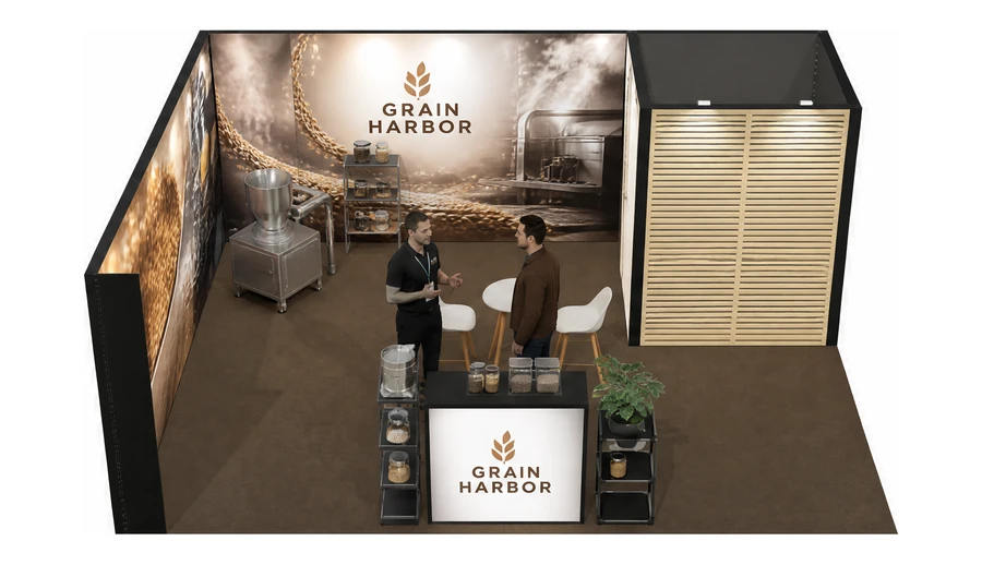 Stoisko 6 × 5 m narożne lewe dla branży technologie spożywcze, przykładowa marka Grain Harbor
