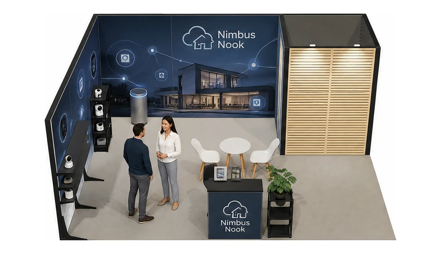 Stoisko 6 × 5 m narożne lewe dla branży smart home i IoT, przykładowa marka Nimbus Nook