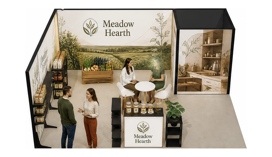 Stoisko 6 × 5 m narożne lewe dla branży żywność ekologiczna, przykładowa marka Meadow Hearth