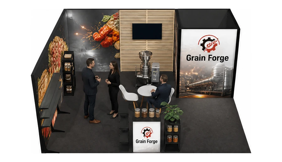 Stoisko 6 × 5 m narożne lewe dla branży technologie spożywcze, przykładowa marka Grain Forge