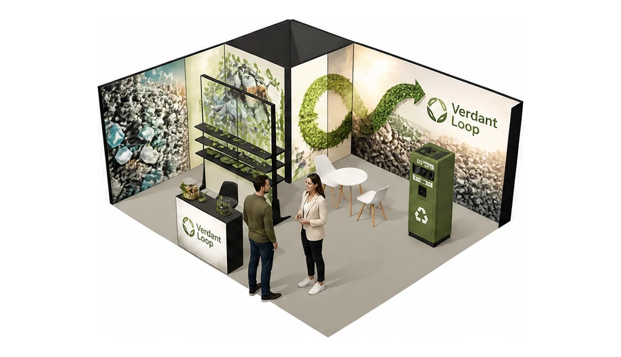 Stoisko 6 × 5 m narożne lewe dla branży recykling i ochrona środowiska, przykładowa marka Verdant Loop