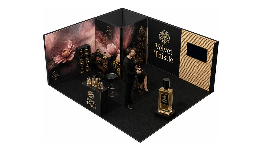 Stoisko 6 × 5 m narożne lewe dla branży perfumy, przykładowa marka Velvet Thistle