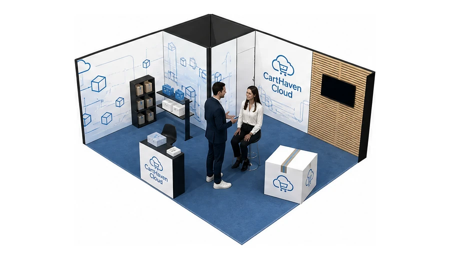 Stoisko 6 × 5 m narożne lewe dla branży e-commerce, przykładowa marka CartHaven Cloud