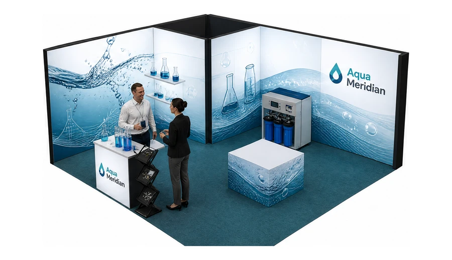 Stoisko 6 × 5 m narożne lewe dla branży technologie wodne, przykładowa marka Aqua Meridian