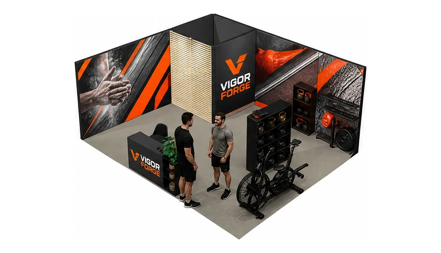 Stoisko 6 × 5 m narożne lewe dla branży fitness i siłownie, przykładowa marka Vigor Forge