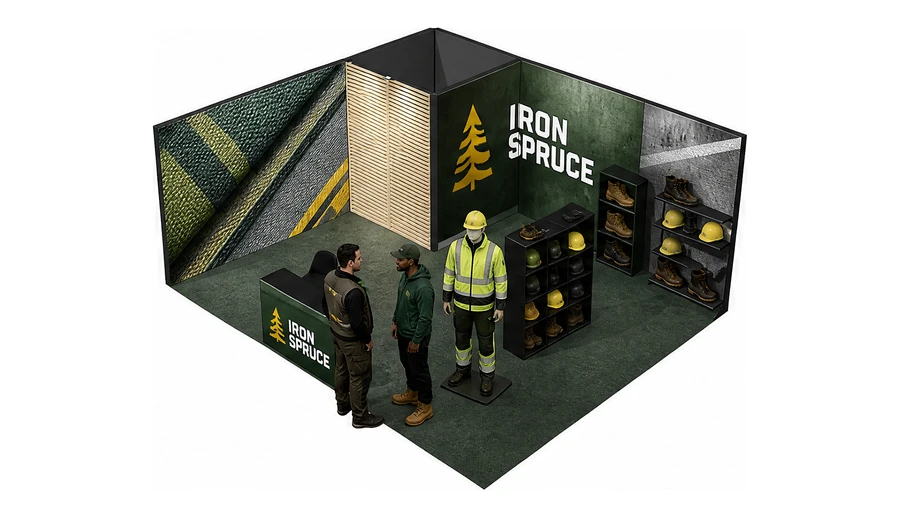 Stoisko 6 × 5 m narożne lewe dla branży BHP i odzież ochronna, przykładowa marka Iron Spruce