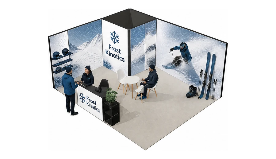 Stoisko 6 × 5 m narożne lewe dla branży narciarstwo i sporty zimowe, przykładowa marka Frost Kinetics