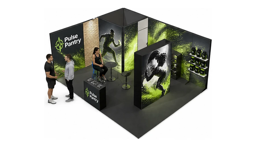Stoisko 6 × 5 m narożne lewe dla branży suplementy diety, przykładowa marka Pulse Pantry