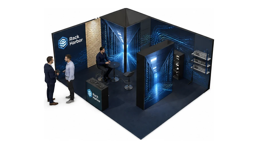 Stoisko 6 × 5 m narożne lewe dla branży infrastruktura IT i data center, przykładowa marka Rack Harbor