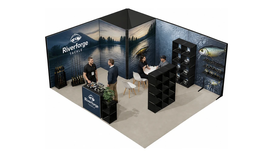 Stoisko 6 × 5 m narożne lewe dla branży wędkarstwo, przykładowa marka Riverforge Tackle