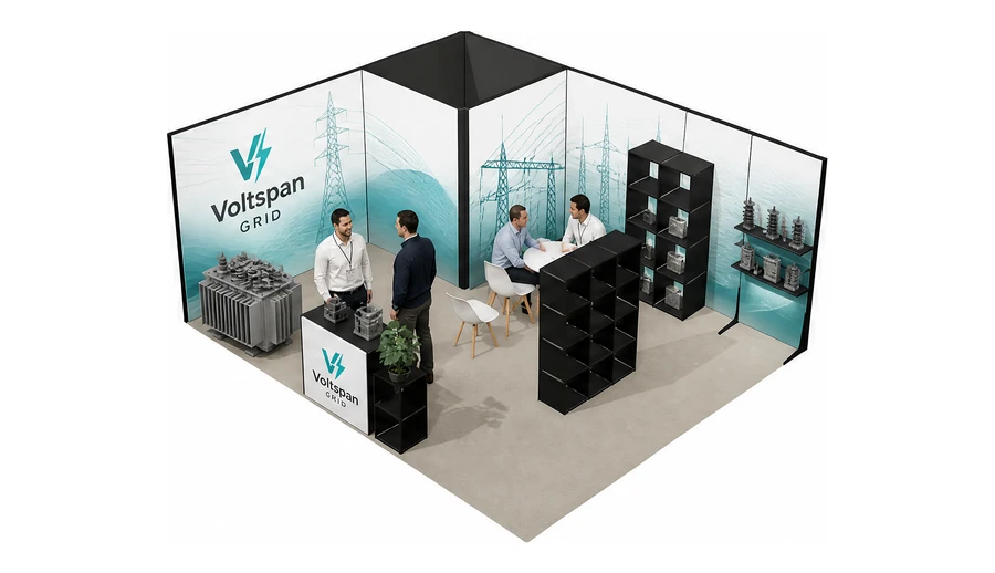 Stoisko 6 × 5 m narożne lewe dla branży energetyka i sieci, przykładowa marka Voltspan Grid