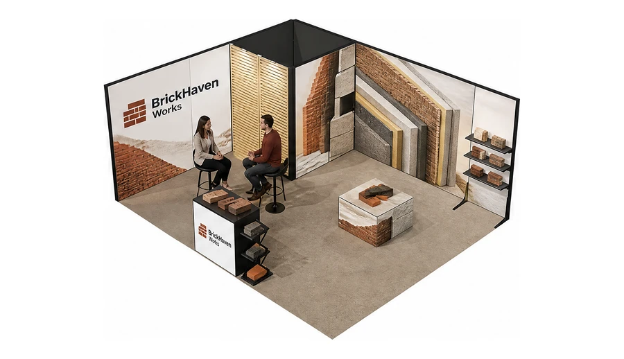 Stoisko 6 × 5 m narożne lewe dla branży materiały budowlane, przykładowa marka BrickHaven Works