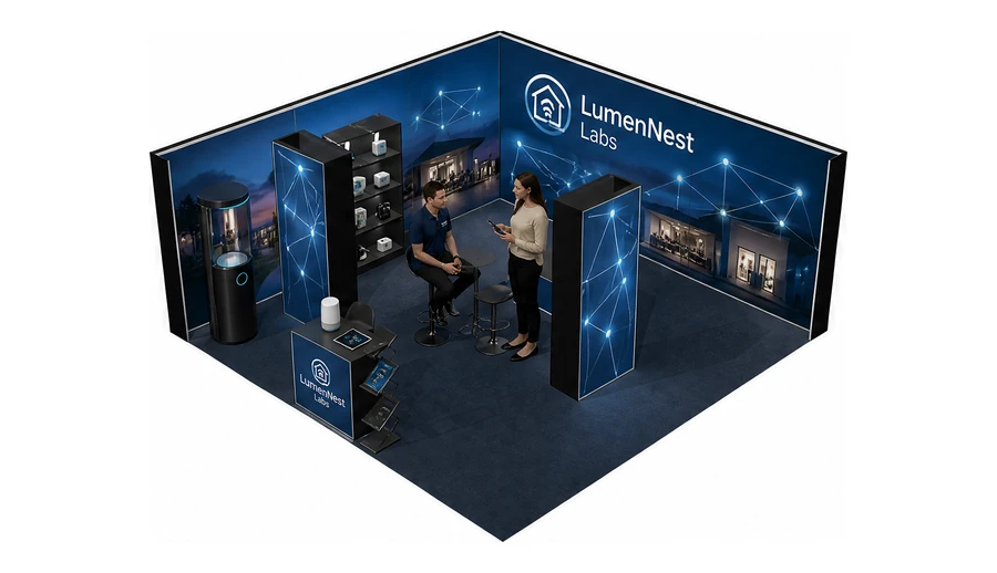Stoisko 6 × 6 m narożne lewe dla branży smart home i IoT, przykładowa marka LumenNest Labs