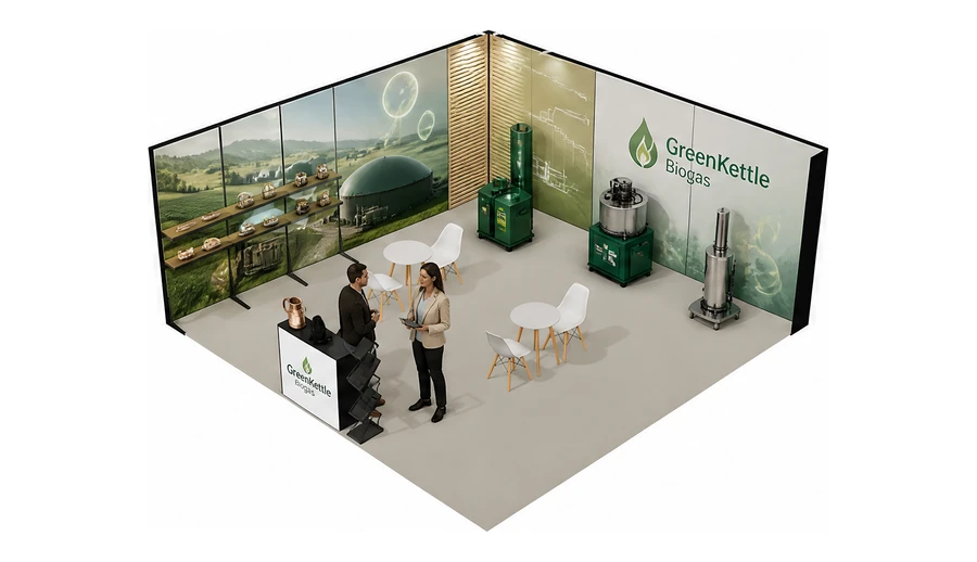 Stoisko 6 × 6 m narożne lewe dla branży biogaz i OZE, przykładowa marka GreenKettle Biogas