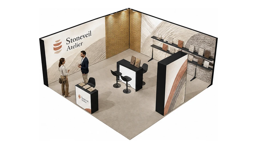 Stoisko 6 × 6 m narożne lewe dla branży wykończenie wnętrz, przykładowa marka Stoneveil Atelier