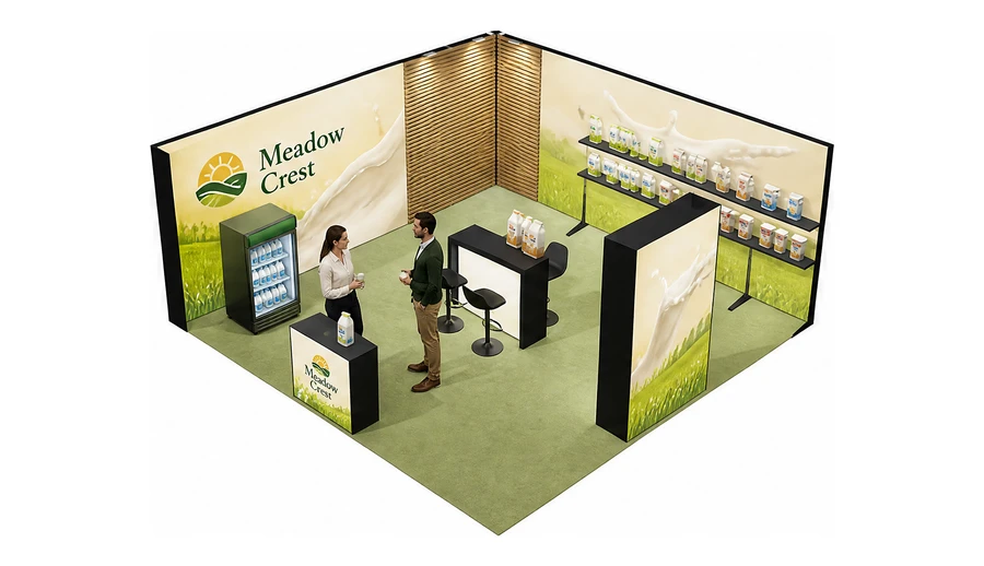 Stoisko 6 × 6 m narożne lewe dla branży nabiał i mleczarstwo, przykładowa marka Meadow Crest