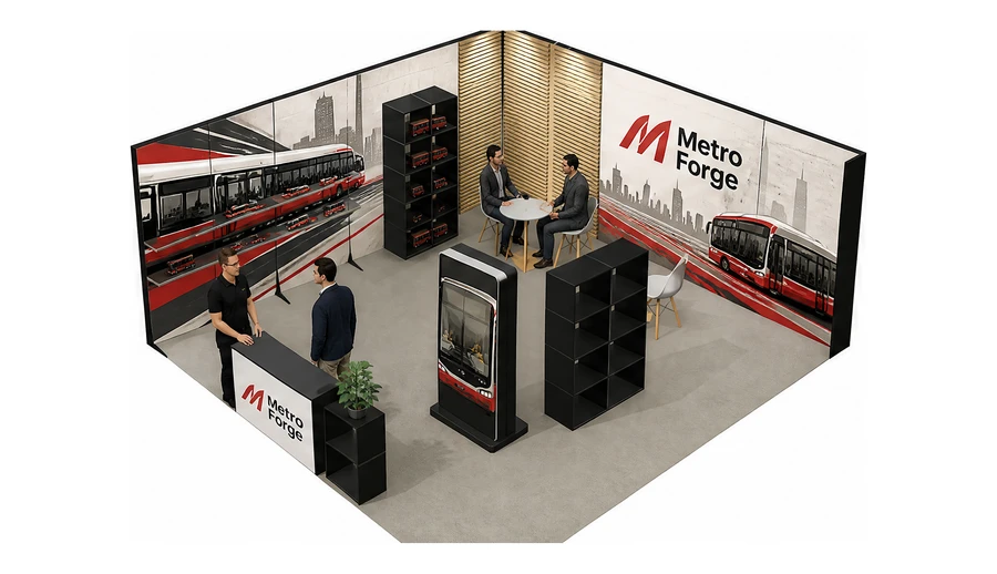 Stoisko 6 × 6 m narożne lewe dla branży autobusy i transport zbiorowy, przykładowa marka Metro Forge