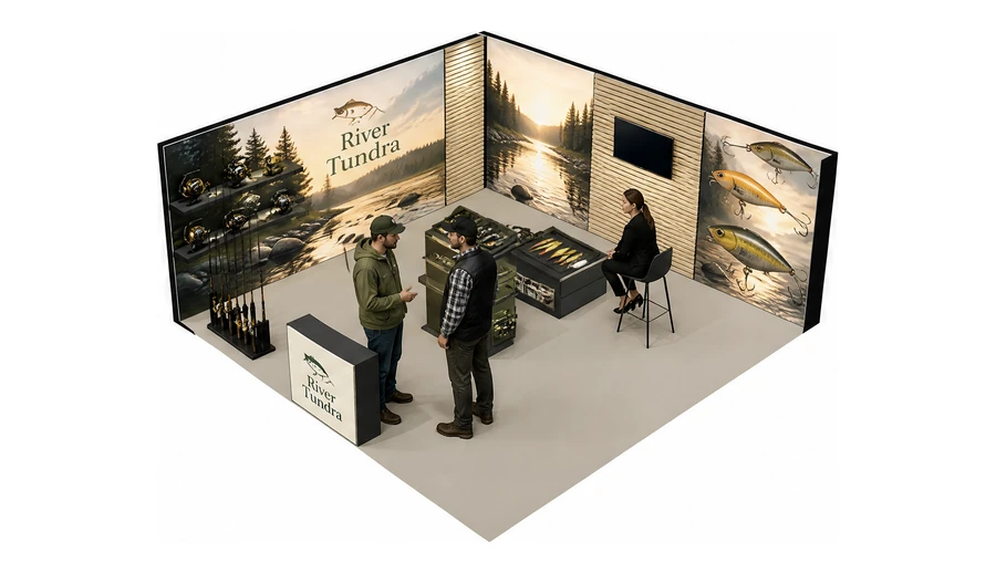 Stoisko 6 × 6 m narożne lewe dla branży wędkarstwo, przykładowa marka River Tundra