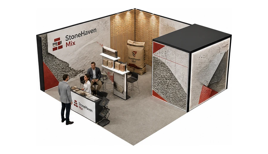Stoisko 6 × 6 m narożne lewe dla branży materiały budowlane, przykładowa marka StoneHaven Mix