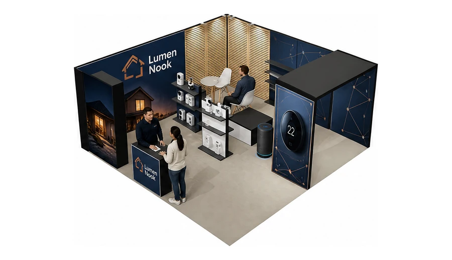 Stoisko 6 × 6 m narożne lewe dla branży smart home i IoT, przykładowa marka Lumen Nook
