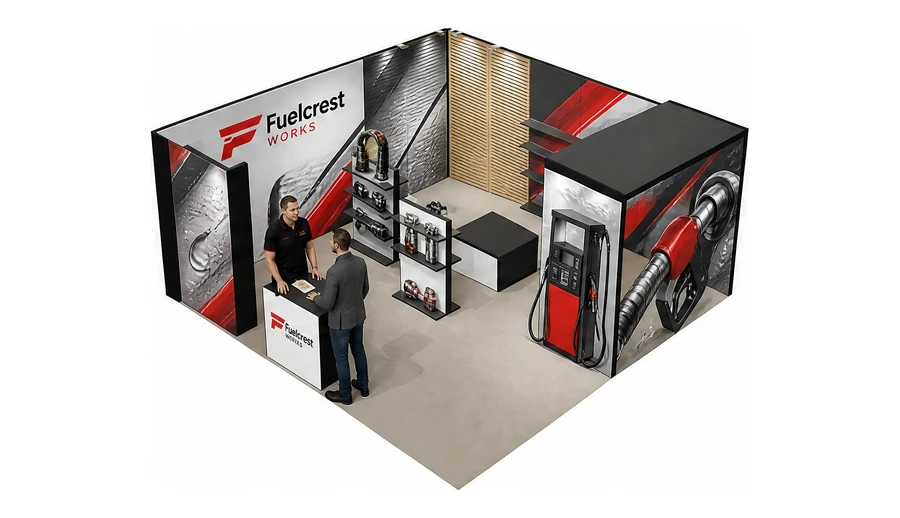 Stoisko 6 × 6 m narożne lewe dla branży stacje paliw, przykładowa marka Fuelcrest Works
