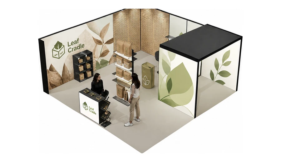 Stoisko 6 × 6 m narożne lewe dla branży opakowania ekologiczne, przykładowa marka Leaf Cradle