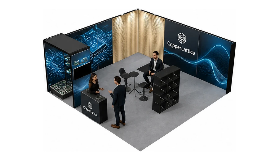 Stoisko 6 × 6 m narożne lewe dla branży komponenty elektroniczne, przykładowa marka CopperLattice