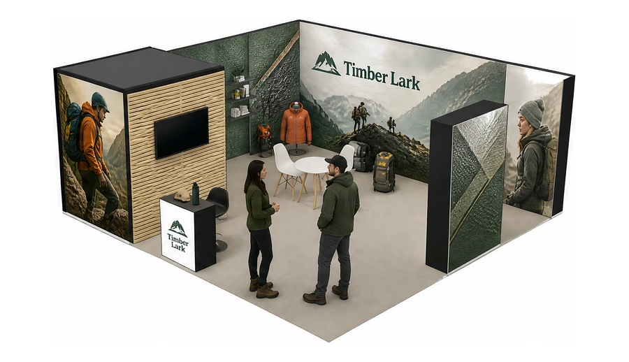 Stoisko 6 × 6 m narożne lewe dla branży odzież i sprzęt outdoorowy, przykładowa marka Timber Lark
