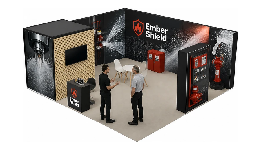 Stoisko 6 × 6 m narożne lewe dla branży ochrona przeciwpożarowa, przykładowa marka Ember Shield