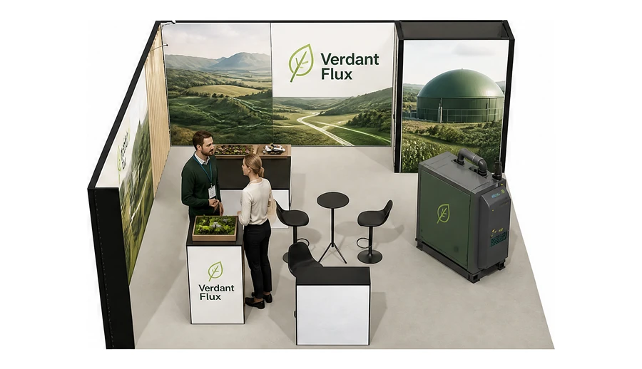 Stoisko 6 × 6 m narożne lewe dla branży biogaz i OZE, przykładowa marka Verdant Flux