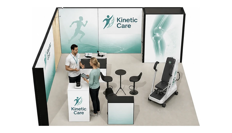 Stoisko 6 × 6 m narożne lewe dla branży rehabilitacja i fizjoterapia, przykładowa marka Kinetic Care