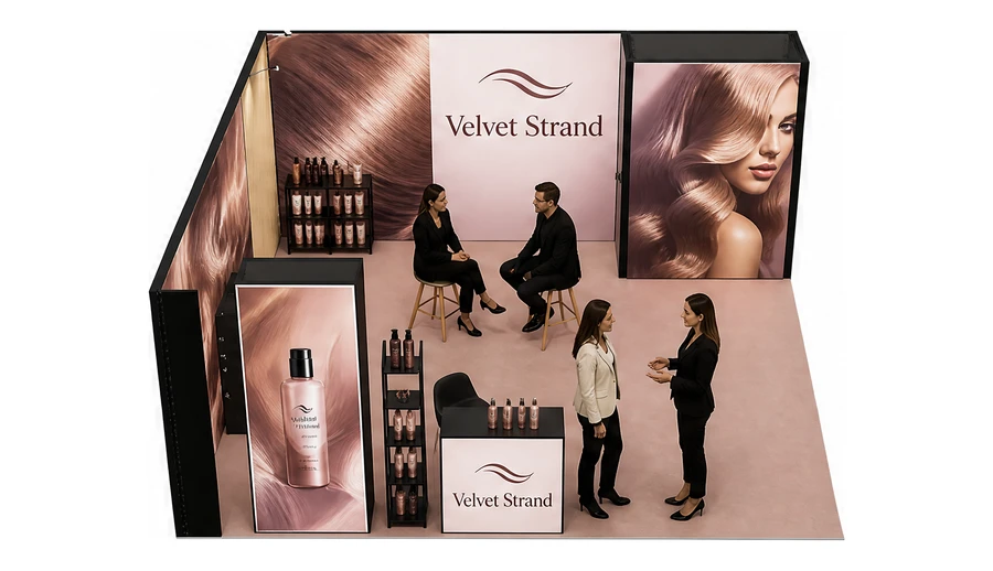 Stoisko 6 × 6 m narożne lewe dla branży fryzjerstwo i salony beauty, przykładowa marka Velvet Strand