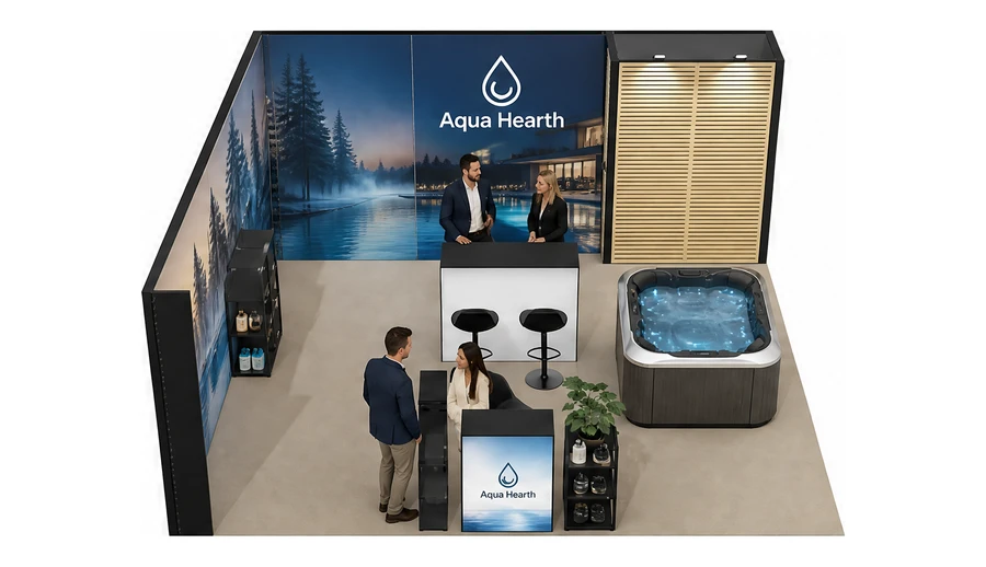 Stoisko 6 × 6 m narożne lewe dla branży baseny i sauny, przykładowa marka Aqua Hearth