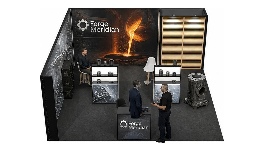 Stoisko 6 × 6 m narożne lewe dla branży obróbka metali i odlewnictwo, przykładowa marka Forge Meridian