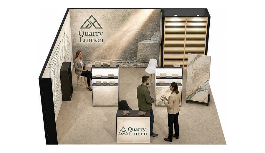 Stoisko 6 × 6 m narożne lewe dla branży kamień i kamieniarstwo, przykładowa marka Quarry Lumen