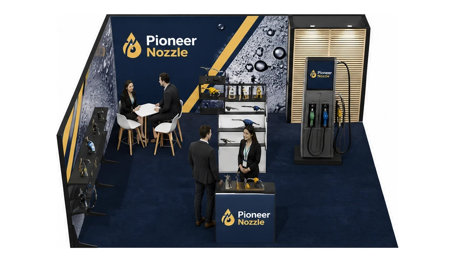 Stoisko 6 × 6 m narożne lewe dla branży stacje paliw, przykładowa marka Pioneer Nozzle