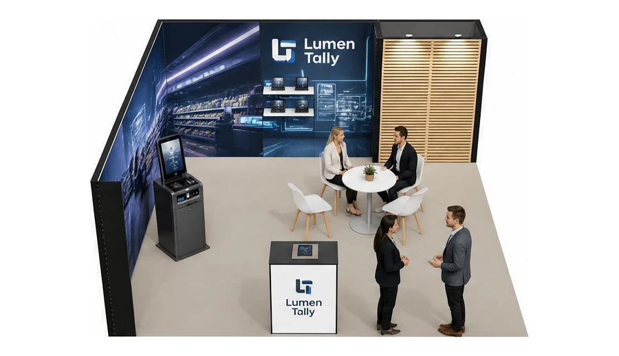 Stoisko 6 × 6 m narożne lewe dla branży technologie dla handlu, przykładowa marka Lumen Tally