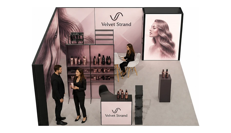 Stoisko 6 × 6 m narożne lewe dla branży fryzjerstwo i salony beauty, przykładowa marka Velvet Strand