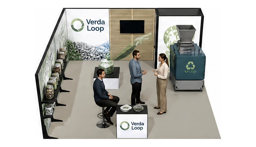 Stoisko 6 × 6 m narożne lewe dla branży recykling i ochrona środowiska, przykładowa marka Verda Loop