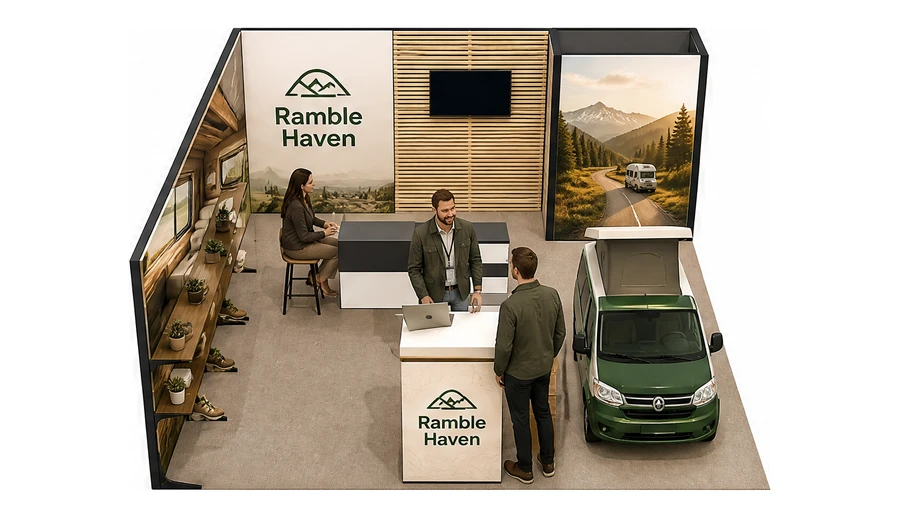 Stoisko 6 × 6 m narożne lewe dla branży caravaning i kampery, przykładowa marka Ramble Haven