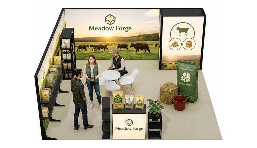 Stoisko 6 × 6 m narożne lewe dla branży hodowla i pasze, przykładowa marka Meadow Forge
