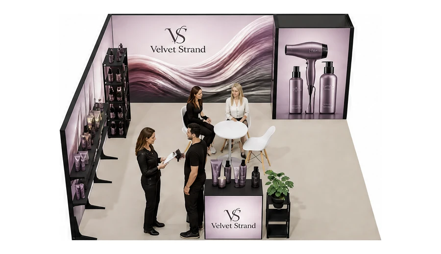 Stoisko 6 × 6 m narożne lewe dla branży fryzjerstwo i salony beauty, przykładowa marka Velvet Strand