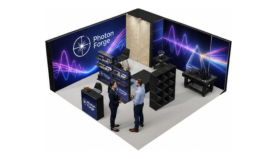 Stoisko 6 × 6 m narożne lewe dla branży technika laserowa i fotonika, przykładowa marka Photon Forge