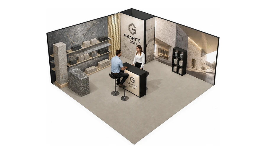 Stoisko 6 × 6 m narożne lewe dla branży kamień i kamieniarstwo, przykładowa marka Granite Loom