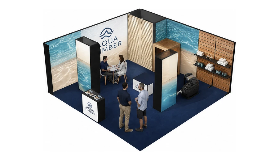 Stoisko 6 × 6 m narożne lewe dla branży baseny i sauny, przykładowa marka Aqua Timber