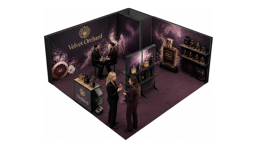 Stoisko 6 × 6 m narożne lewe dla branży perfumy, przykładowa marka Velvet Orchard