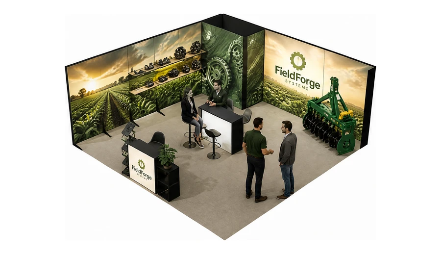 Stoisko 6 × 6 m narożne lewe dla branży maszyny rolnicze, przykładowa marka FieldForge Systems