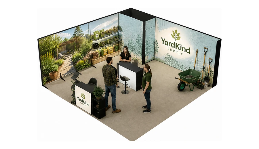 Stoisko 6 × 6 m narożne lewe dla branży ogród i architektura krajobrazu, przykładowa marka YardKind Supply