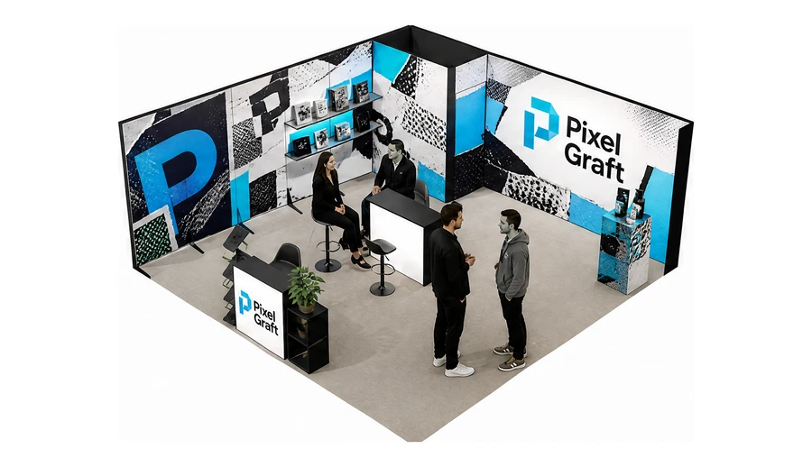 Stoisko 6 × 6 m narożne lewe dla branży reklama i druk, przykładowa marka Pixel Graft